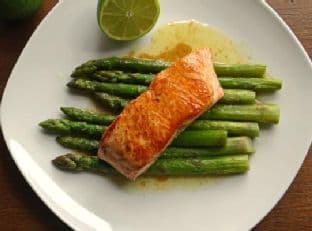Pan-seared salmon with brown butter lime sauce and roasted asparagus